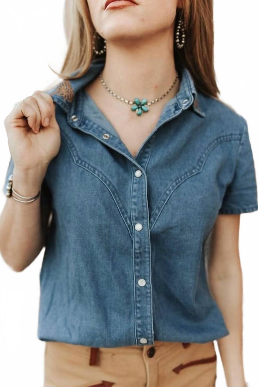 NEW LUCKY & BLESSED stretch denim pearl snap boot-stitch top in dark wash